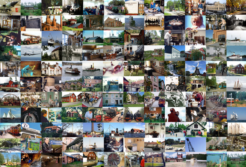 Ett bildkollage av olika arbetlivsmuseum.