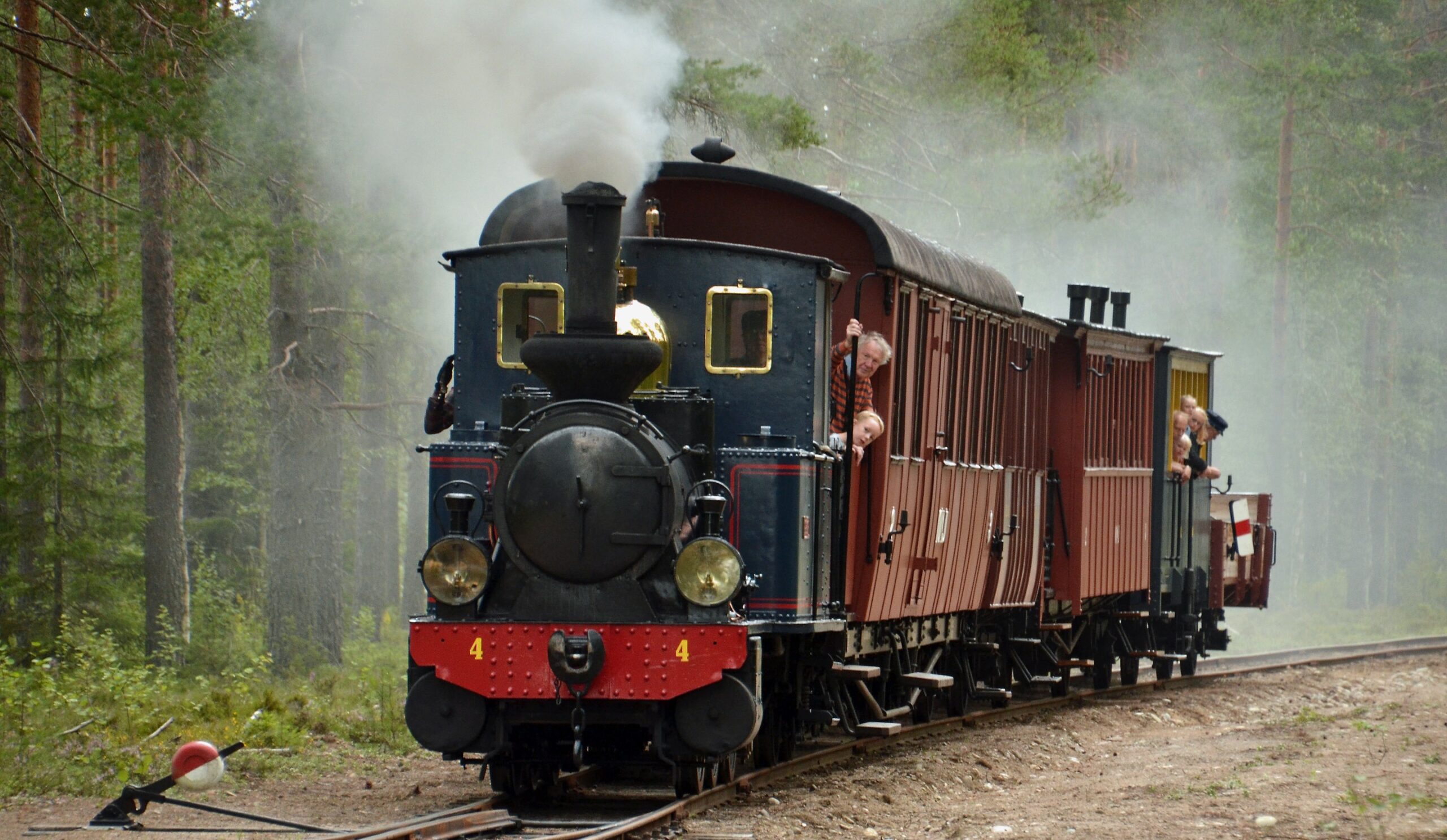 Ett tåg på museijärnväg tuffar fram genom skogen med resenärer som nyfiket tittar ut.